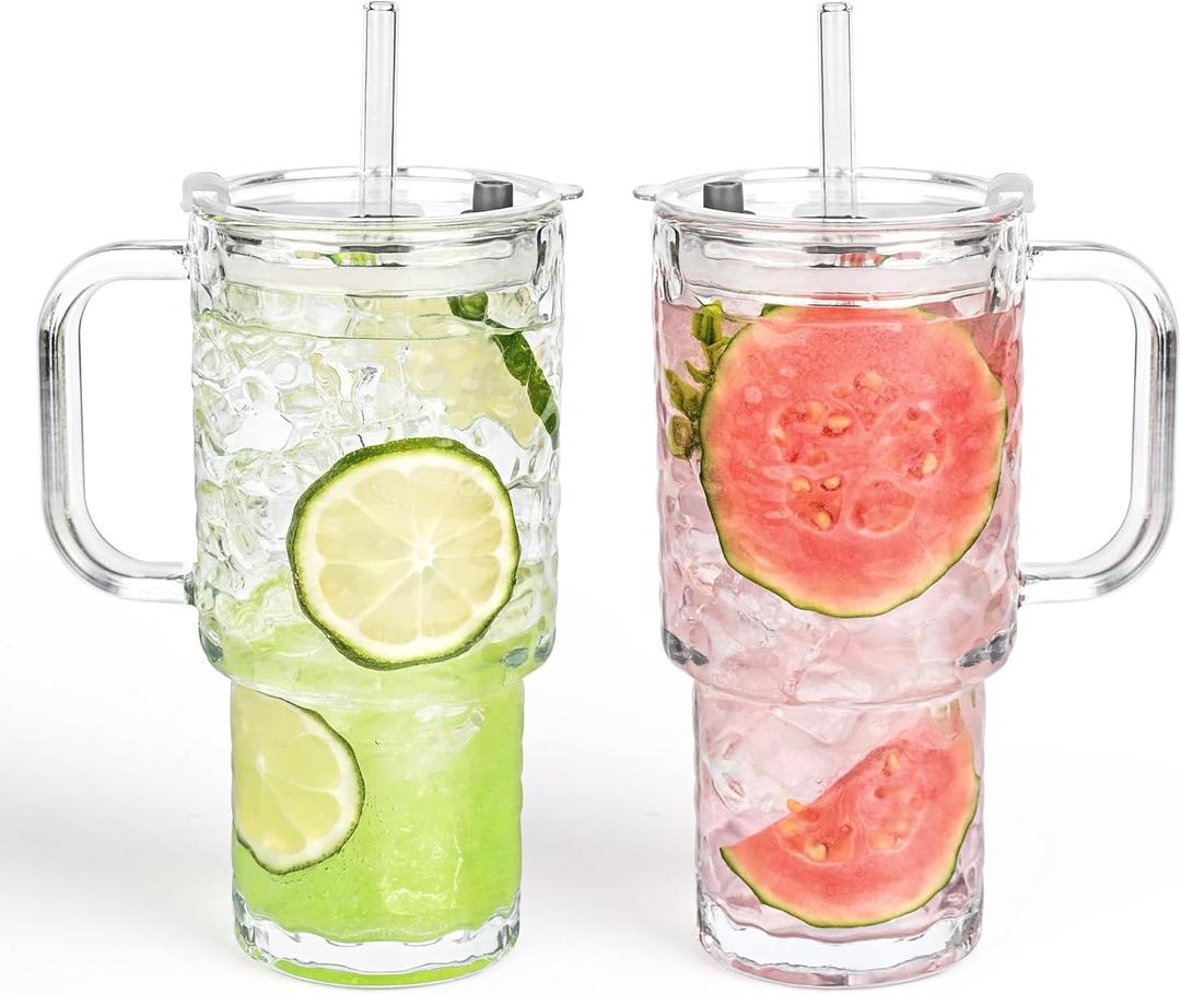 18oz Glass Tumbler with Handle and Lid, 2 Pack Iced Coffee Cups with Straw, Thicked Wall Glass Mug for Cold & Hot Water, Travel Car Cup for Smoothies, Tea, and Juice
