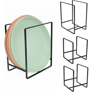 CEYAZYE 4 Pack Plate Holder Organizer for Cabinet Space Saver, Metal Dinner Dish Storage Rack, 2 Sizes Kitchen Storage Display for Plates, Pots, Pans, Cutting Boards, Black