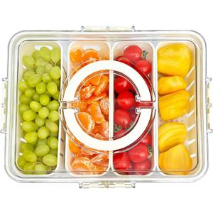 Snackle Box Container, Divided Serving Tray with Lid and Handle 4 Compartment, Portable Snack Platter for Veggie Fruit Candy Charcuterie, Clear Storage Organizer for Party Road Travel Picnic