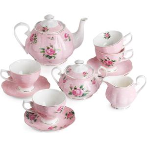 BTaT- Floral Tea Sets for Adults, 13 pcs, Service for 4, Pot (38 oz) & Cups (8 oz) with Saucers, Pastel Pink Floral Design with Gift Box, Porcelain Tea Set for Adult, Dishwasher Safe, Christmas Gifts