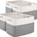 OIAHOMY 4 Pack Storage Baskets for Organizing, Basket for Shelves with Handle, Woven Baskets for Storage Toys, Towels, Books, Cotton Rope Basket 13" L x 9 " W x 7.8 " H, Grey & White