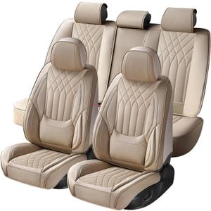 Car Seat Covers Full Set, Nappa Leather Seat Covers for Cars, Beige Car Seat Protector Waterproof, Car Seat Covers Front Seats and Back Fit for Most Cars SUVs Trucks