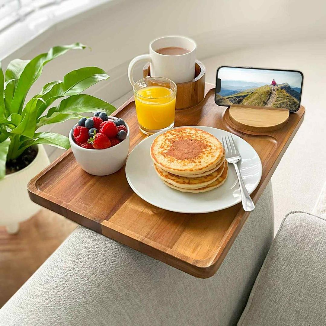 Couch Arm Table | XL Acacia Wood Folding Sofa Side Tray | 15.8" x 11.8" | Cup & Phone Holder | Adjustable Clip on TV Caddy Armrest Tray | Perfect for Eating Dinner & Snacks | Thin Foldable Organizer