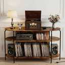 Faesun Record Player Stand with Vinyl Storage, Large Wooden Record Storage Cabinet Holds 200+ Albums, Turntable Stand for Living Room & Bedroom, Round Shelf Design, Vintage