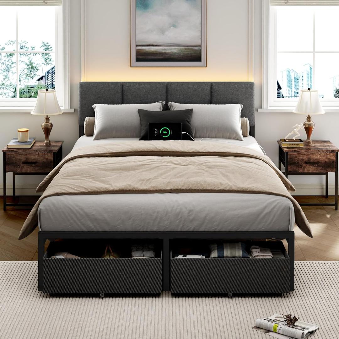 Furnulem Full Size Bed Frame with Headboard,Upholstered Bed Full with LED Light,USB Charging Station,Platform Bedframe with 2 Fabric Underbed Storage Drawers,No Spring Box Needed