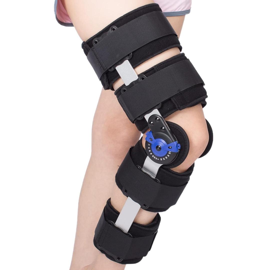 Hinged ROM Knee Brace Post Op Knee Support Adjustable Knee Immobilizer with Side Leg Stabilizers for Men and Women for Meniscus Tear, Arthritis, ACL, PCL, Osteoarthritis, Orthopedic Rehab (Black)