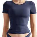 SUUKSESS Women Double Lined Fitted Basic Tee Crew Neck Short Sleeve Y2K Crop Top (Large, Navy Blue)