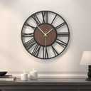 Modern Wall Clocks for Living Room, 16 inch Wood Walnut Dial Decorative Wall Clock Battery Operated, Non Ticking Silent Big Round Black Metal Clock, Bedroom, Kitchen, Office Decor-Roman Numerals