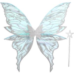 Fairy Wings for Adults Women 31.5"x29.5" Fairy Costume Set Large Butterfly Wings for Halloween Party (Glacier Blue)