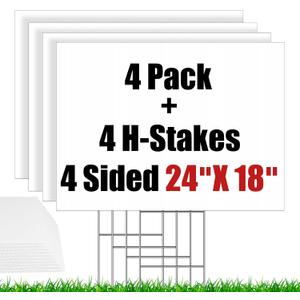 4 Pack Blank Yard Signs with Stakes 24 X 18inch, IKAYAS 18 x 24" Large Size White Garden Yard Signs Yard Sale Signs Corrugated Plastic Signs for Party Decorations, Garage Sale, Guidepost, Open House