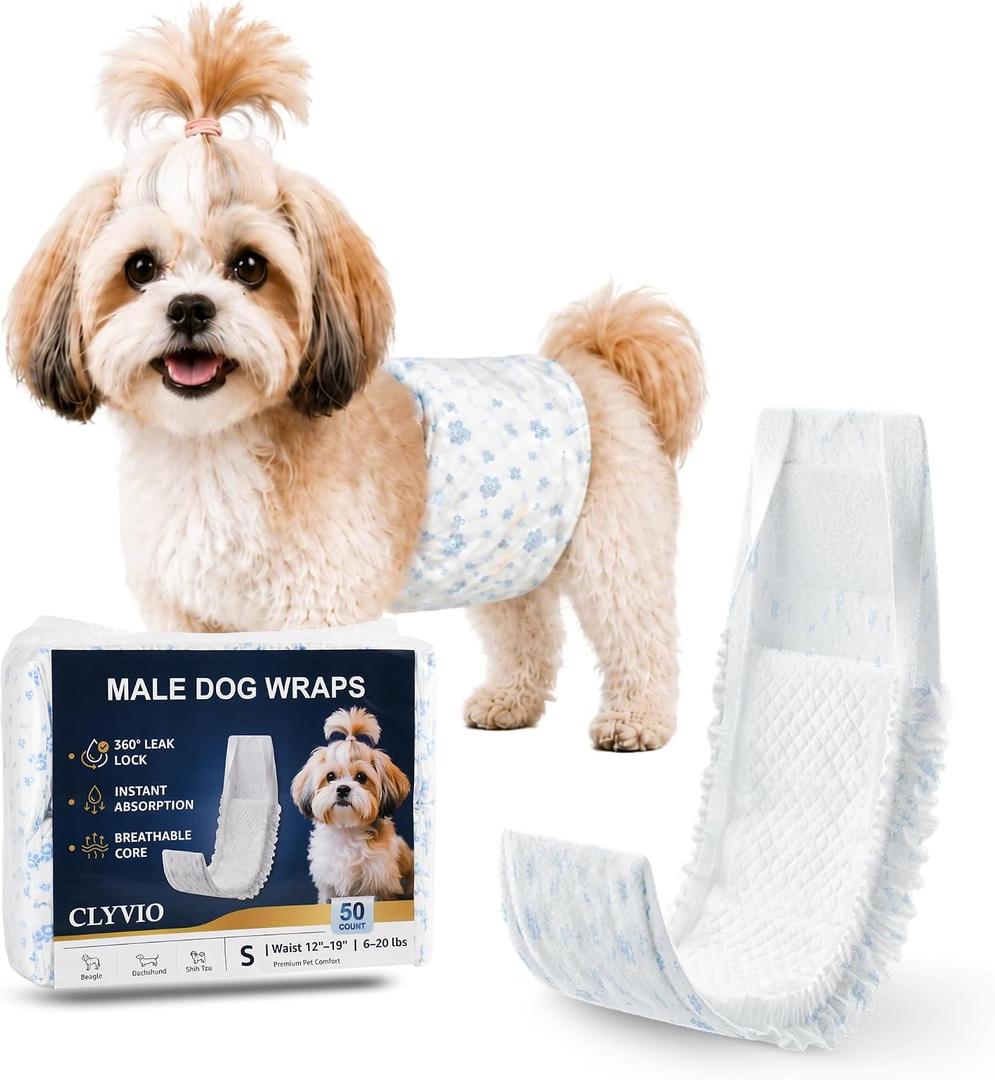 Dog Diapers Male Small, Disposable Wraps Belly Bands, 12-19", 50 Ct | 6-layer absorbent core wetness color indicator soft breathable fit leak-resistant for marking, training & senior care