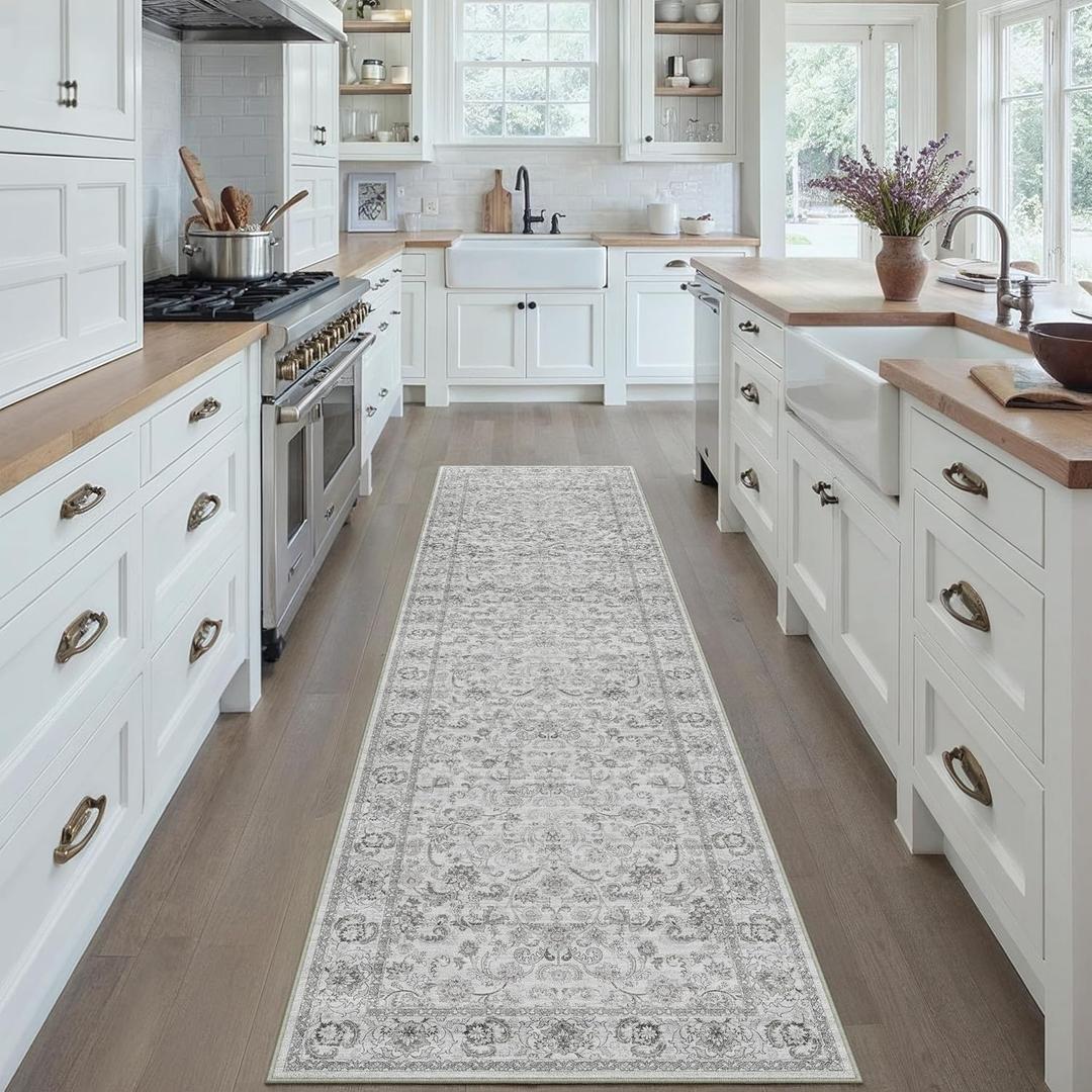 HUGEAR 2x8 Runner Rug Hallway Machine Washable Grey Vintage Floral Low Pile Carpet Distressed Long Throw Rug Bedroom Office Bathroom Kitchen Laundry Non Slip Soft Lightweight