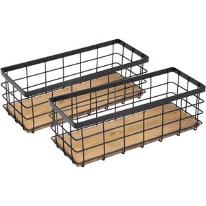 TIEYIPIN Farmhouse Small Metal Wire Storage Basket Bin, Rustic Home Storage Organizer with Wooden Bottom for Kitchen, Cabinets, Bathroom Counter, Pantry, Garage, Laundry Room - Black (2 Pack)