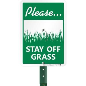 SmartSign 10 x 7 inch Please Stay Off Grass Yard Sign and Stake Kit, 40 mil Laminated Rustproof Aluminum, Green on White, Set of 1, Made in USA