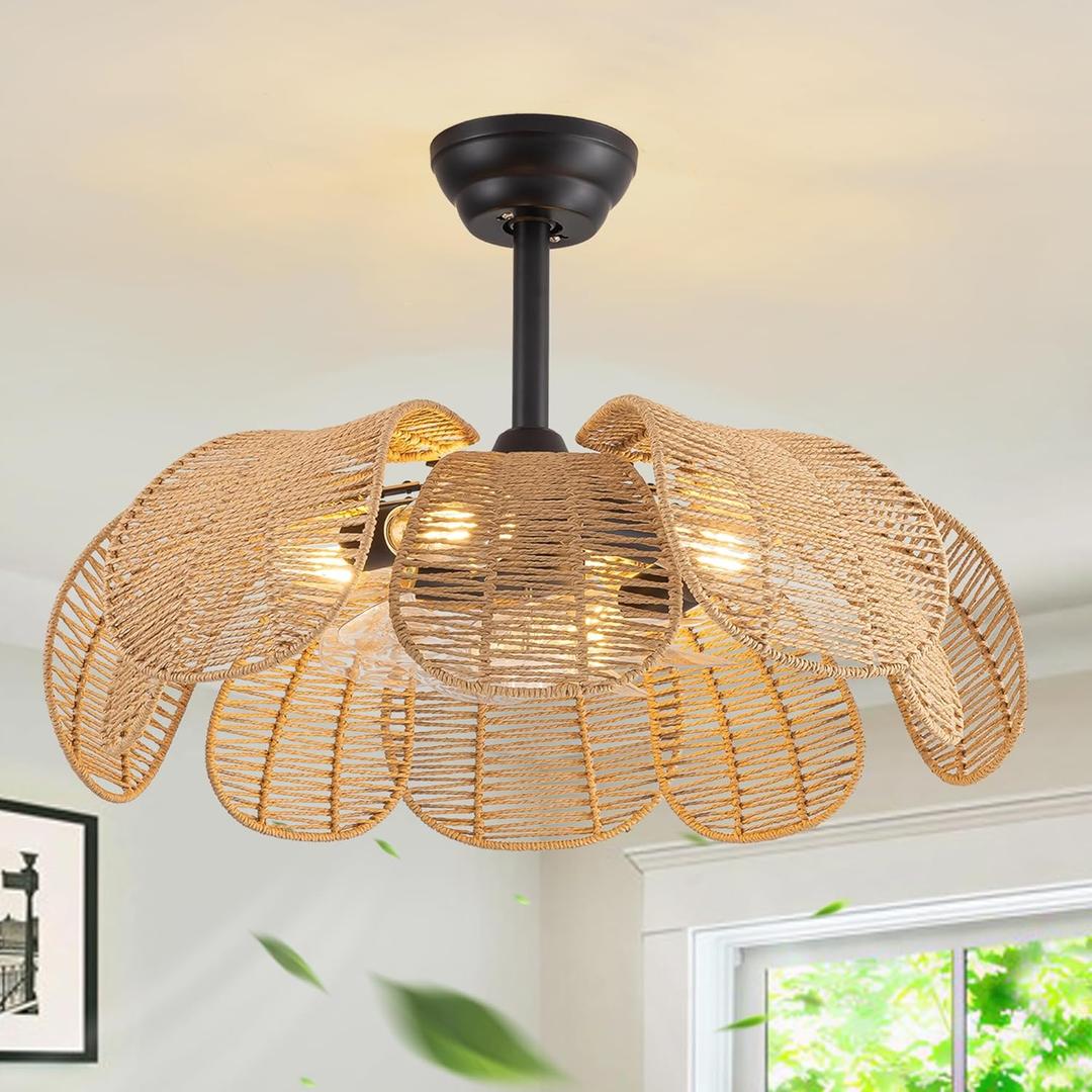 Boho Ceiling Fan with Light, Rattan Fandelier Ceiling Fan with Light and Remote Control, Flower Chandelier Fan for Bedroom, Living Room,Kitchen,Foyer(25.5 Inch, 6 Speed, Timing Adjustable Height)