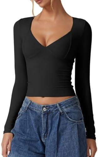 QINSEN Women's Long Sleeve V Neck T Shirts Double Lined Crop Top Seamed Cup Going Out Tops L