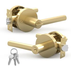 Mega Handles Ronn Entrance Entry Lever Door Handle Heavy Duty Round Locking Lever Set for Left or Right-Handed Doors, Interior/Exterior Door Levers - Satin Brass (1 Pack)
