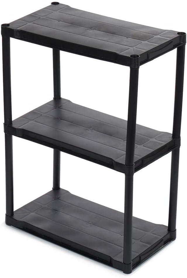Home Basics Tiered Plastic Shelf, Black | Organize a Garage, Basement or Laundry Room | Easy to Clean | Sturdy Storage Solution (37" 3 Tier Plastic Shelf)