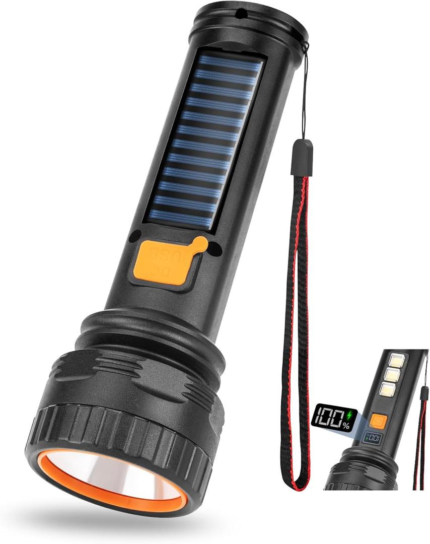 Solar Flashlights, 1500 Lumens Led Solar Powered Flashlights with Digital Display 2000mAh Battery Rechargeable Handheld Flashlights IP65 Waterproof Flashlights for Survival Emergencies, 1 Pack