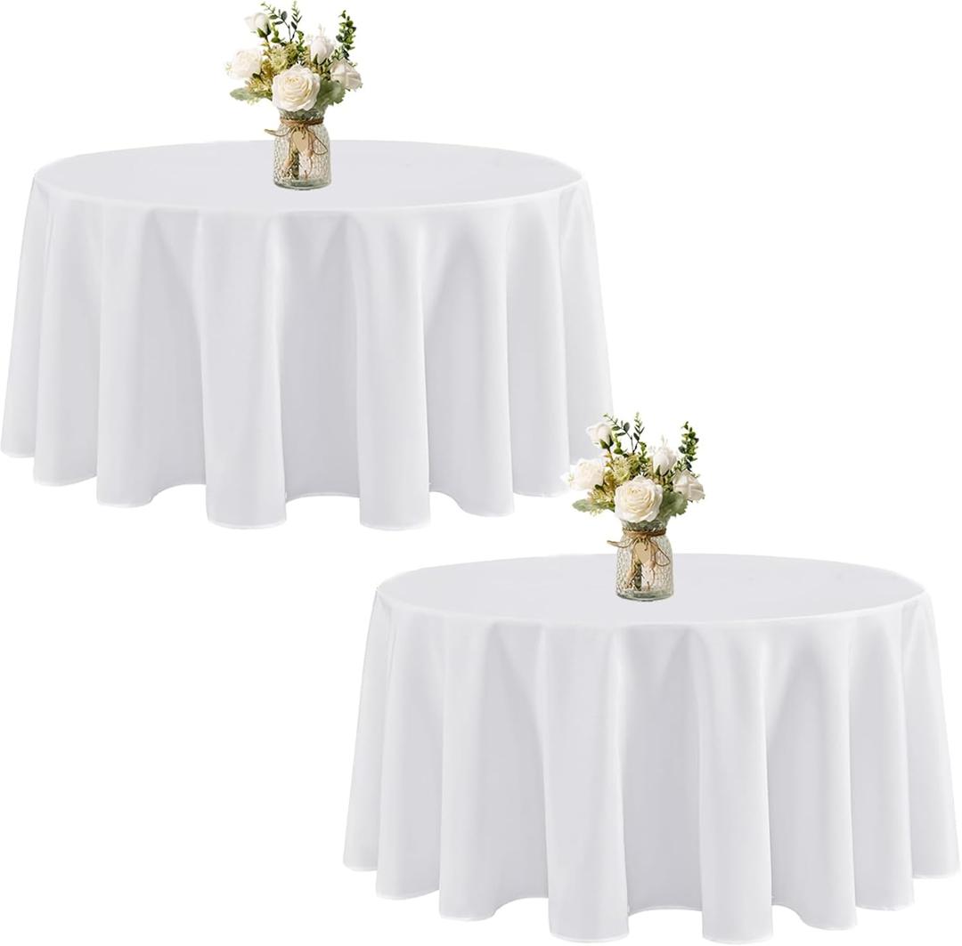 120 Inch Round Tablecloth 2 Pack,White Table Cloths Polyester Fabric Washable Table Cloth Cover for Wedding Reception Banquet Birthday Party Buffet Restaurant