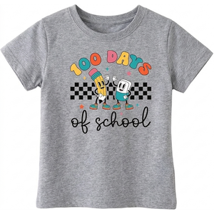 Kids Little Boys Girls 100 Days of School Shirt Short Sleeve Funny Graphic Letters Print Celebration Top  (5T,Gray)