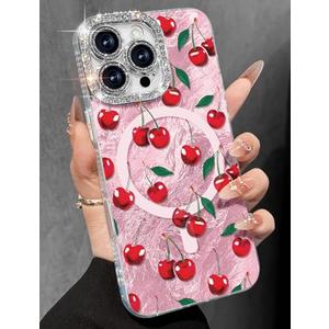 Toycamp for iPhone 16 Pro Case - Compatible with Magsafe Aesthetic Cute PK Cherry Laser Laser Holographic i 16 Pro Case with Diamond Bling Lens Protector for Apple 16Pro Cover for Women Girly