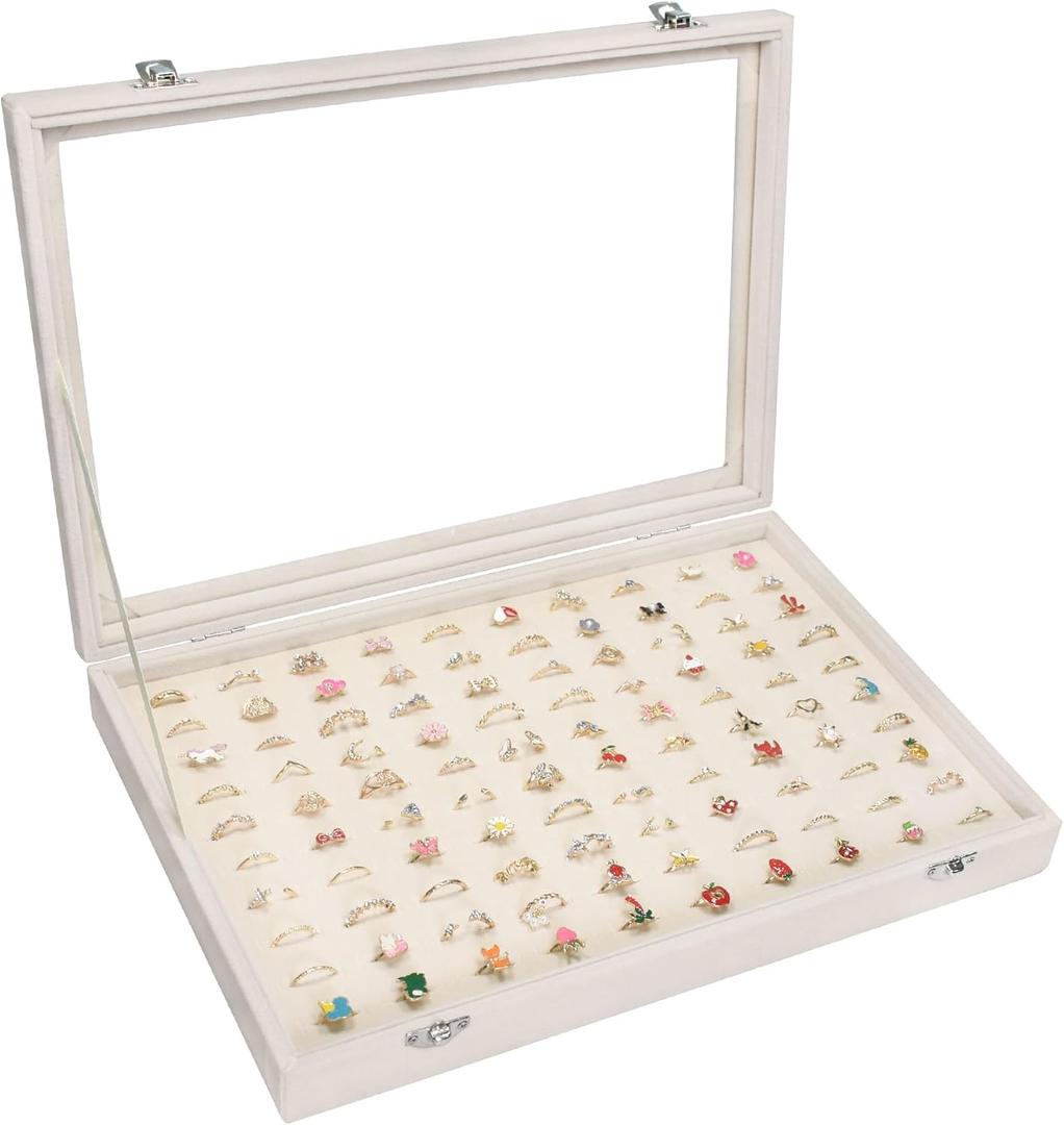 Rings Organizer Tray 100 Slot Velvet Ring Earring Storage Box TranSparent Cover Jewelry Store Ring Display Box Jewelry Display Cabinet for Girl Wife Mother (Beige)