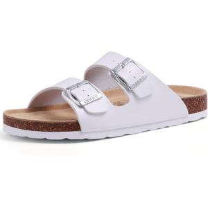 Women's Cork Footbed Slide Sandal, Arch Support Summer Outdoor Sandals with Adjustable Buckle (9, White)