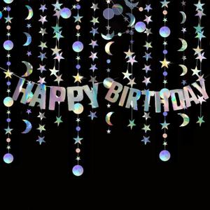 Star Moon Circle Dot Garland Party Decoration Kit, Holographic Party Decorations Hanging Stars Streamer Backdrop Crescent Garlands Happy Birthday Banner Backdrop for Birthday Wedding