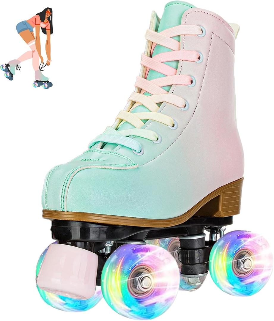jessie Roller Skates for Girl and Women, PU Leather Fantastic Flash Wheel Kid Roller Skates Girls Ages 8-12 Beginner for Indoor Outdoor (34-Youth 3.5)