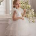 KAQININI Flower Girl Dress Ruffle Sleeve Layered Rainbow Holiday Fancy Satin Tulle Elegant Party Formal Communion Gown (White)