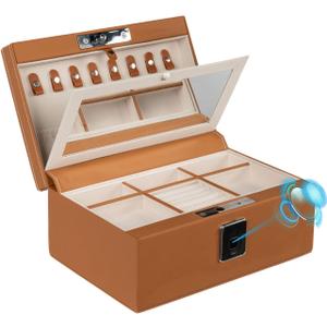 Jewelry Safe, Biometric Fingerprint Safe, Leather Wrapped Jewelry Box with Lock & Mirror, Ultra-Lightweight Jewelry Box Suitable for Home Use & On-the-Go(Three-Tier Brown)