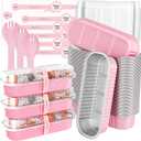 100 Pack Mini Loaf Pans with Lids and Spoons, 6.8oz Mini Cake Pans for Baking, Disposable Rectangle Aluminum Foil Small Loaf Baking Pans Cake Tins, Individual Small Cake Containers with Sticker, Pink