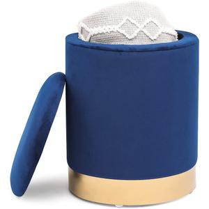 Joveco Round Storage Ottoman with Removable Lid, Velvet Upholstered Padded Vanity Stool Footrest with Gold Plating Base, Footstool for Living Room Bedroom Makeup Room (Blue)
