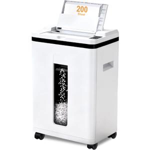 200-Sheet Auto Feed Paper Shredder, Touchscreen Heavy Duty Shredders, 40 Min Non-Stop, P-5 Ultra Security Commercial Shredder for Home Office, Micro Cut with Wheels, 5.8 Gal Bin, <60 dB (White)