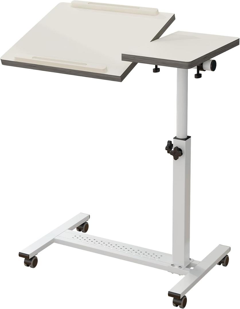 TigerDad Over Bed Table with Wheels Adjustable | Rolling Laptop Table Overbed Desk Hospital Tray Table Sofa Chair Side Table for Home Office (White)