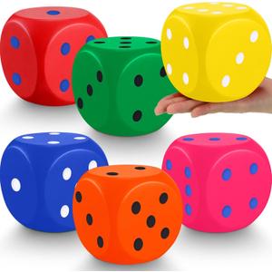 6 Pcs 4 Inch Large Foam Dice Giant Cube with 6 Sided Number Dots Jumbo Soft Slow Big PU Foam Stress Ball for Party Game Math Learning Props Stress Relief Gifts(6 Colors)