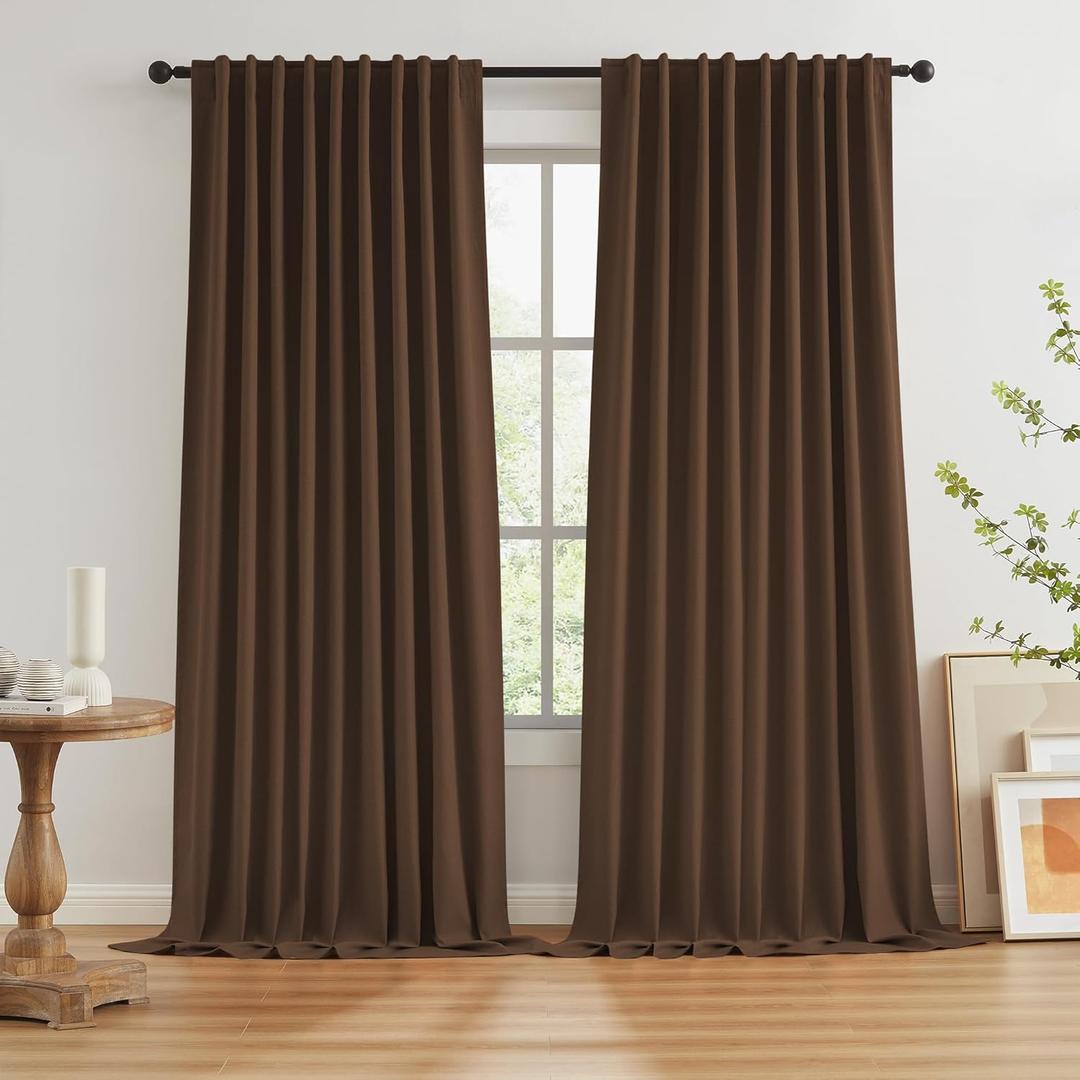 Brown Blackout Pleated Look Curtains 96 Inches Long 8 ft Length for Patio Sliding Door Living Room, 100% Light Blocking Linen Textured Curtains 72 Wide 2 PCs Back Tab Rod Pocket Hook Belt