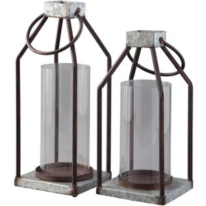 Signature Design by Ashley Diedrick Rustic Lantern, Set of 2, Indoor/Outdoor, Galvanized Metal, Antiqued Finish, Glass Shade, Holds 3 in. Pillar Candles (Not Included), 19" &17", Gray and Black