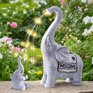 RM ROOMERS Elephant Garden Decor, 2 PCS Elephant Sculptures for Outdoor Resin Solar Elephant Statues Watering, Elephant Decor for Yard, Animal Statues for Patio, Birthday Gifts for Women (Grey and Black)