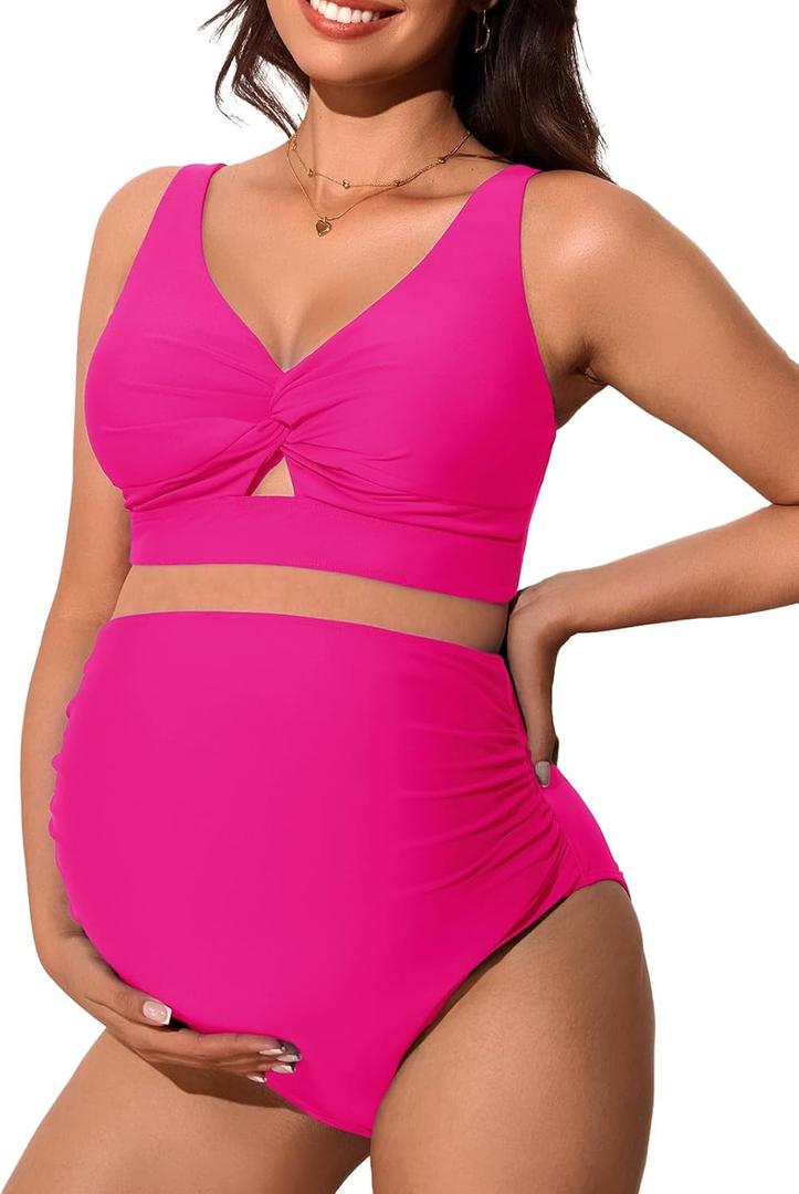 Summer Mae Twist Maternity Bikini Two Piece Pregnancy Swimsuits Cutout Bathing Suit High Waisted Ruched Swimwear (14, Hot Pink)