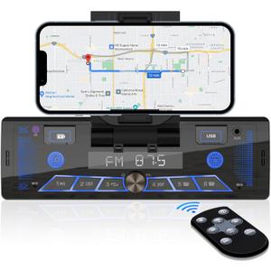Single-Din Stereo with Car Phone Holder - Bluetooth Car Radio - Push to Talk Assistant Multi Color LCD AM FM Tuner AUX USB Built-in Mic Wireless Remote Control
