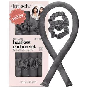 Kitsch Satin Heatless Curling Set  Heatless Curls Overnight with 34" Hair Curler & 2 Satin Scrunchies  Comfortable Hair Curlers to Sleep In for Frizz-Free, No Heat Damage Styling - Charcoal