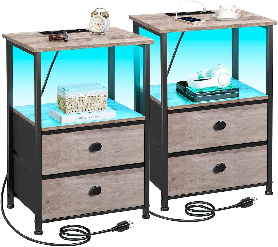 LOAKEKEL Night Stand Set 2, LED Nightstand with Charging Station, End Tables with Storage Shelf, Bedside Table with 2 Fabric Drawers for Bedroom, Small Spaces, Grey HETS02PGY