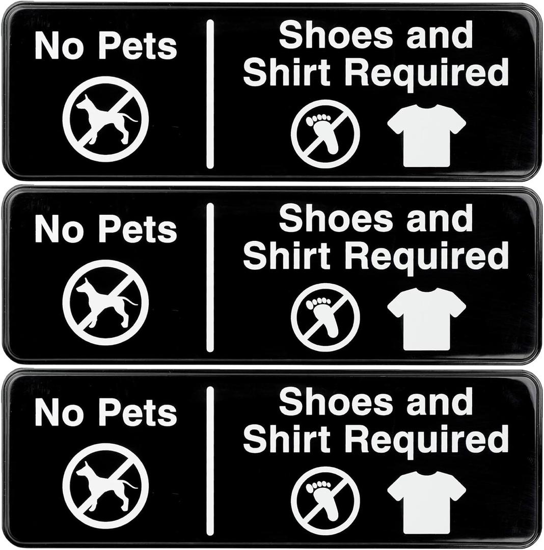 Excello Global Products No Pets, Shoes, Shirt Required Sign: Easy to Mount Informative Plastic Sign with Symbols 9"x3", Pack of 3 (Black)