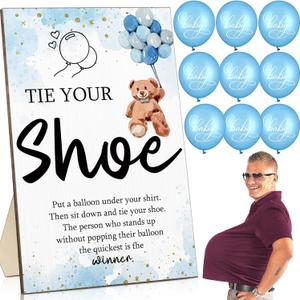 Roowest 51 Pcs Tie Your Shoe Baby Shower Game Sign Wooden Sign Greenery Gift Sets Gender Reveal Party Favors 50 Balloons Latex Balloons for Game Supplies(Blue,Bear)