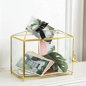 Giadun Glass Wedding Card Box with Slot, Large Clear Card Box 10.2 inch Gold Brass Gift Card Storage Box with Lock for Wedding Receptions, Baby Shower, Birthday Party, Bridal Shower