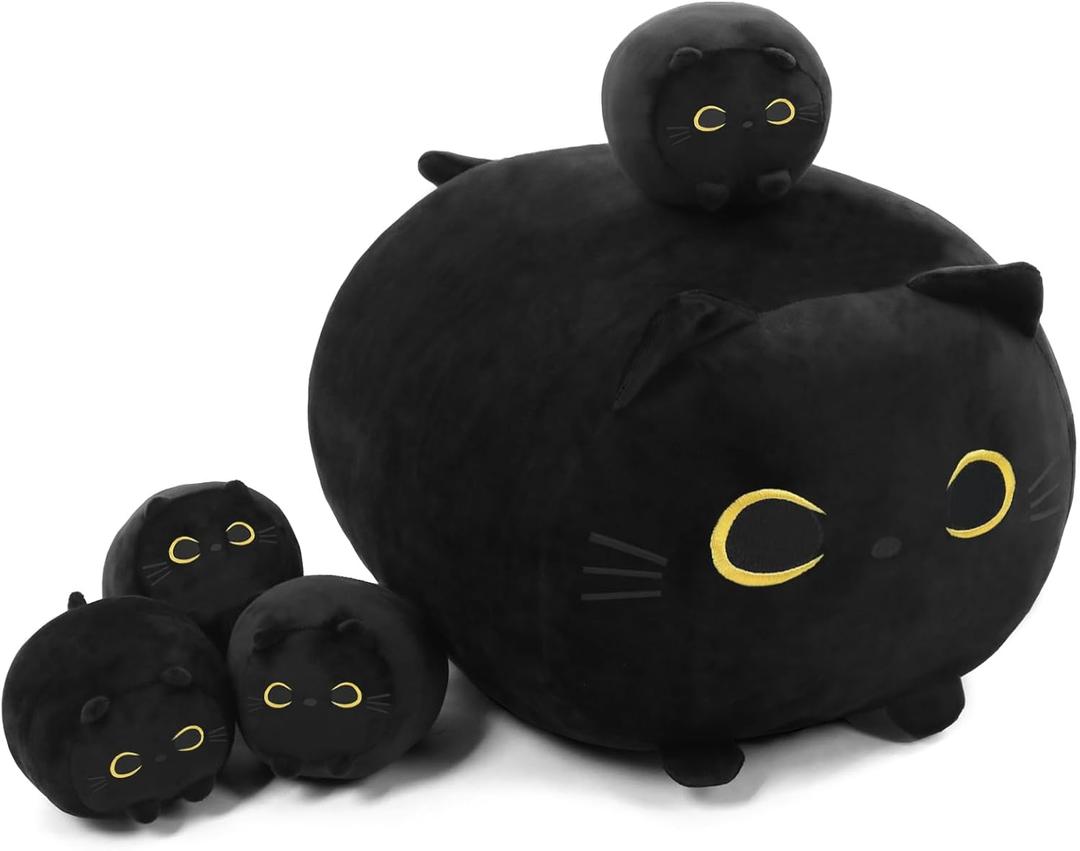 TOYSYM Black Cat Stuffed Animal Mommy Cat Plush Toys with 4 Squishy Baby in Her Tummy Soft Cute Hugging Pillows for Boys and Girls