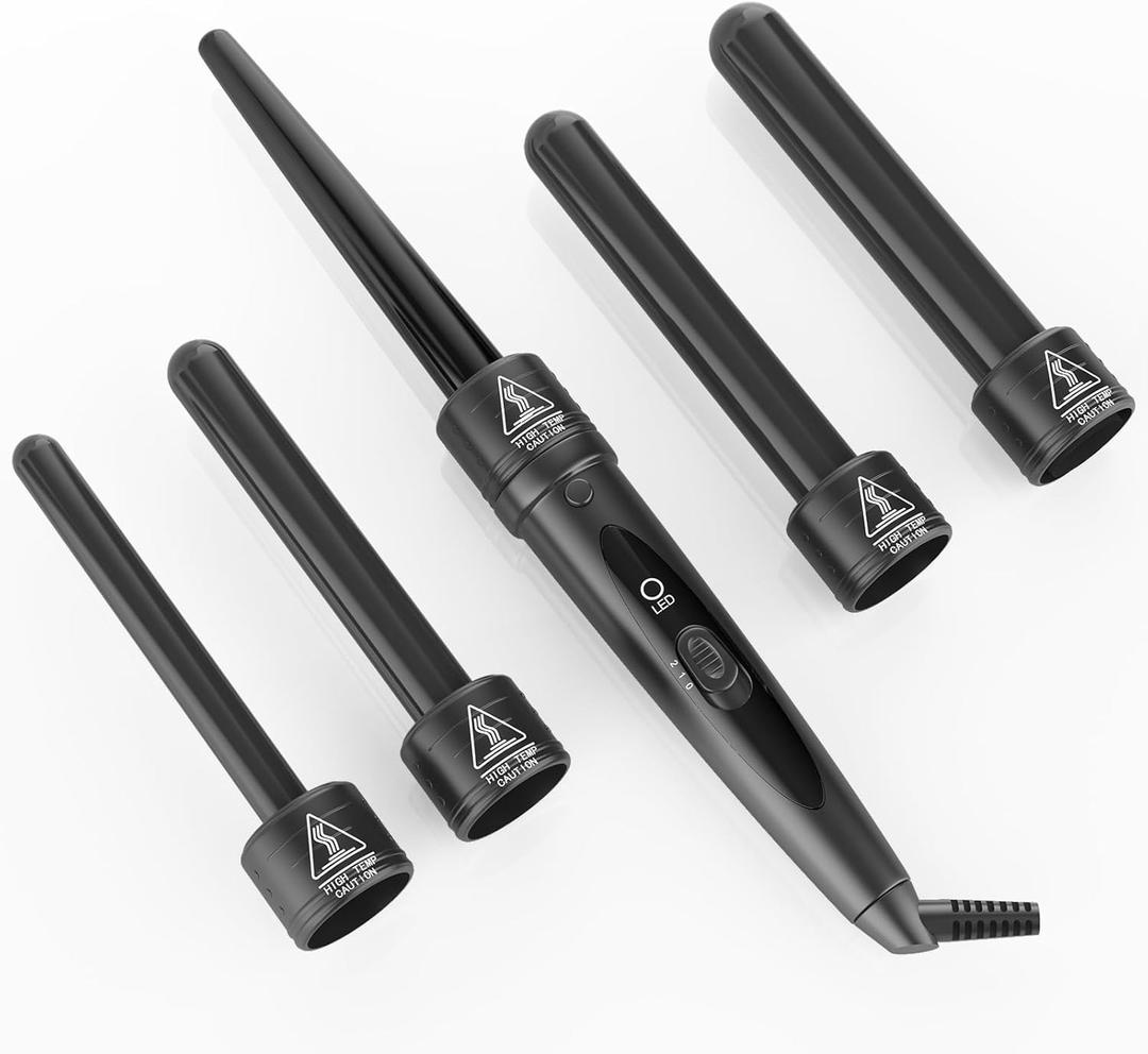 5-in-1Ceramic Tourmaline Curling Iron Set - 0.35"-1.25" Interchangeable Barrels Adjustable Temp 180F-450F, Fast Heat-up Insulated Gloves & Swivel Cord for All Hair Types (Travel-Friendly)