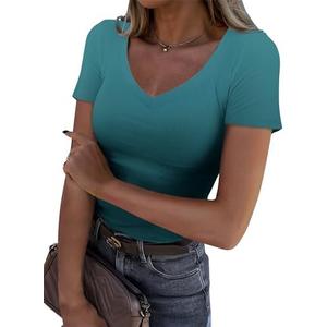 Roselux Women V Neck Ribbed Fitted Tight Tshirt Short Sleeve Shirt Basic Knit Top XL